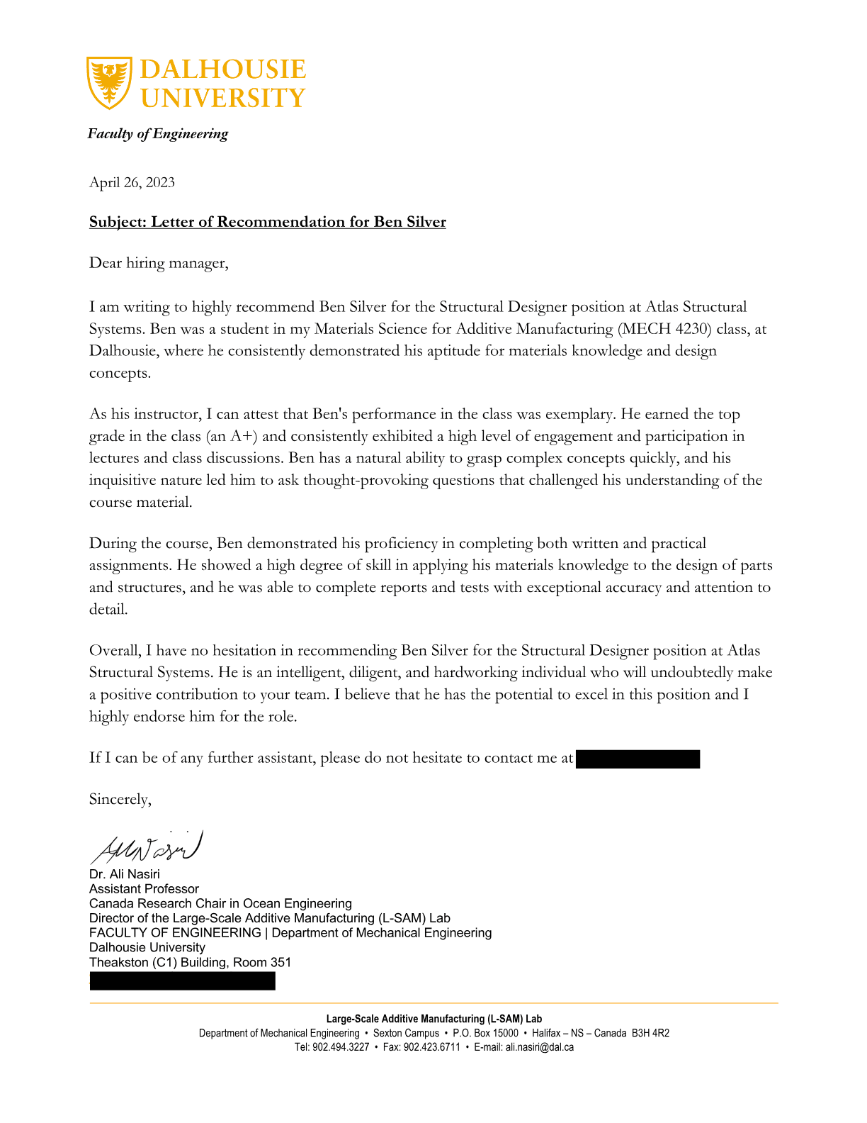 Letter of Recommendation (Redacted)