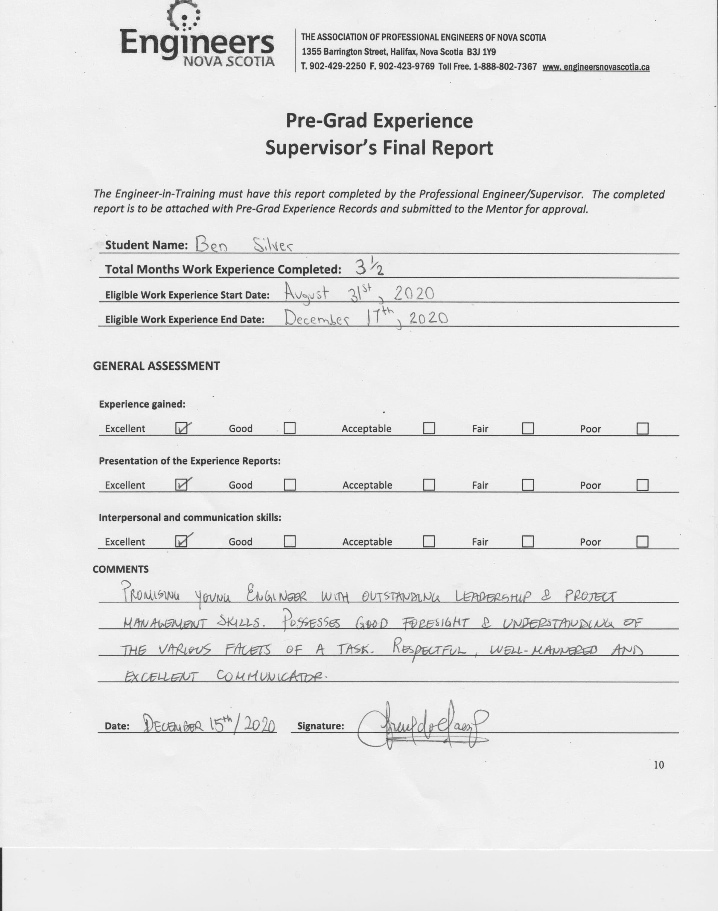 Pre-Grad Supervisor's Final Report