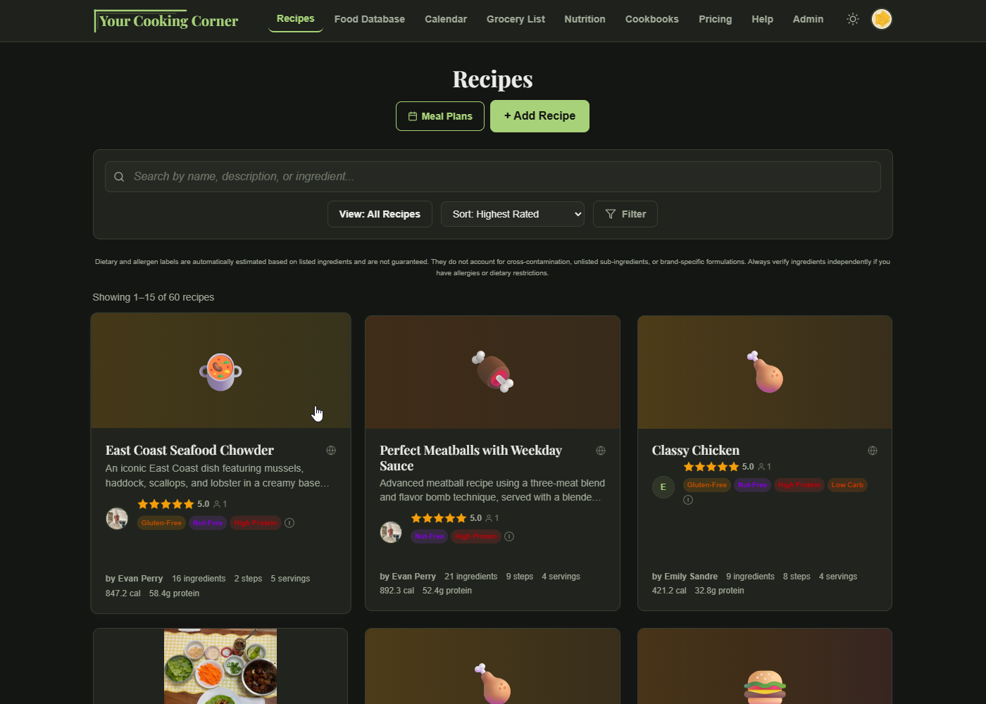 Your Cooking Corner — app screenshot